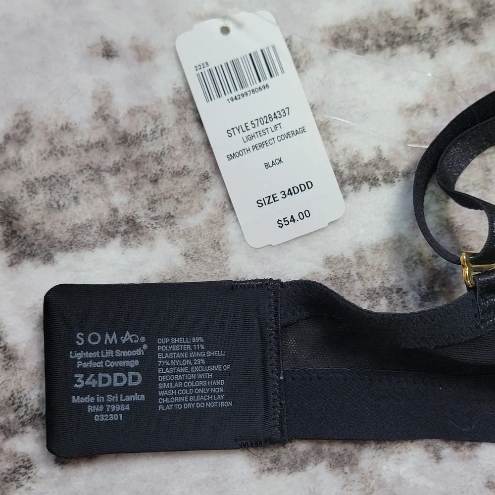 SOMA LIGHTEST LIFT SMOOTH PERFECT COVERAGE BRA BLACK SIZE 34DDD NEW SHEER